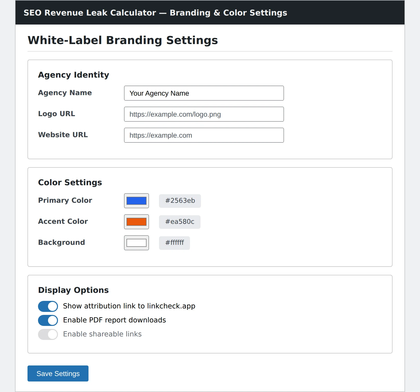 WordPress plugin settings — agency name, logo, primary and accent colors, white-label display options
