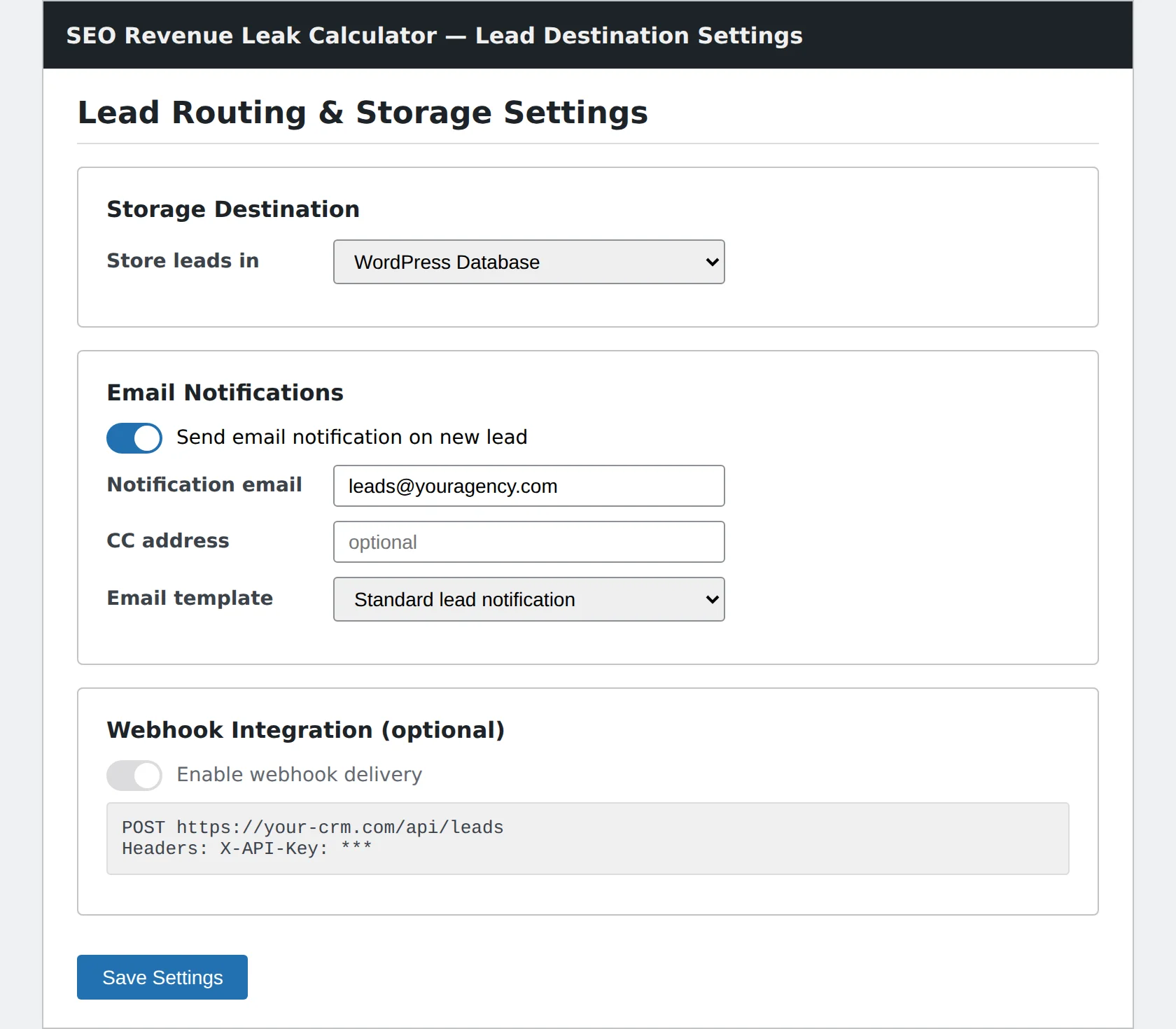 Lead routing settings — database storage, email notifications, webhook integration configuration